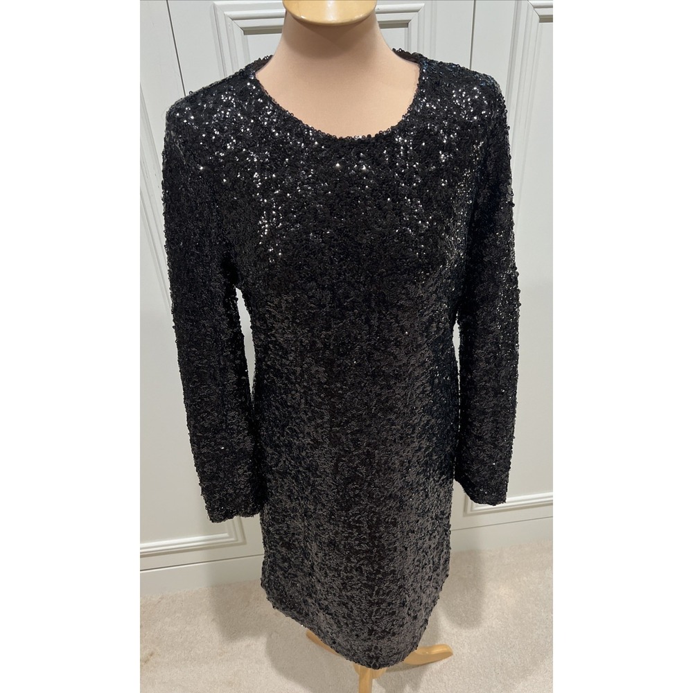 Tory Burch Black All Over Sequined Dress Long Sleeve Occasion NYE LBD Glitzy